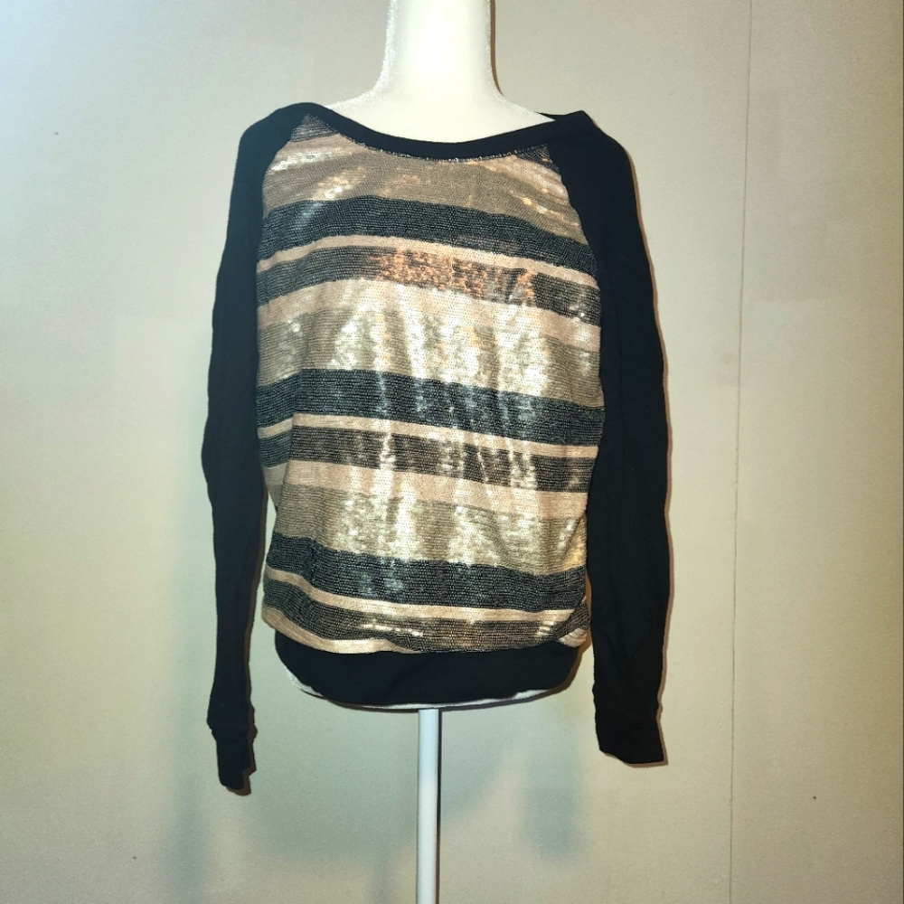 Victoria's Secret Black Sequined Sweatshirt Gold Bronze Sequin Stripes Medium